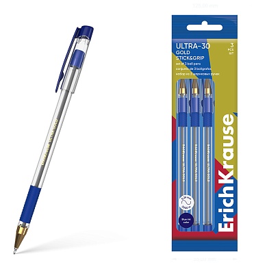 Набор ручек шариковых 3 шт. ErichKrause ULTRA-30 Gold Stick&Grip Classic 0.7, Super Glide Technology, синий, пакет