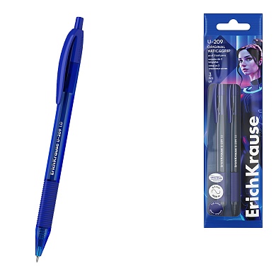 Набор ручек шариковых автоматич. 3 шт ErichKrause U-209 Matic&Grip Original 1.0, Ultra Glide Technology, синий, пакет