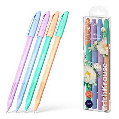 Набор ручек шариковых 4 шт. ErichKrause U-108 Stick Pastel Bloom 1.0, Ultra Glide Technology, синий, пэт-бокс