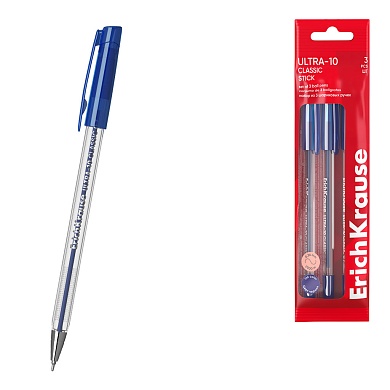 Набор ручек шариковых 3 шт. ErichKrause ULTRA-10 Stick Classic 0.7, Super Glide Technology, синий, пакет