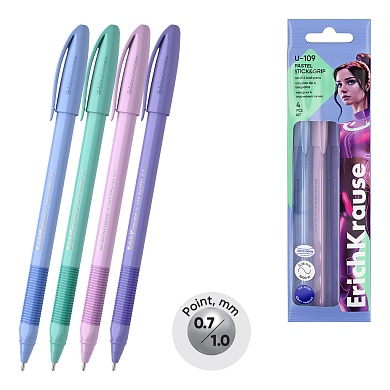 Набор ручек шариковых 4 шт. ErichKrause U-109 Stick&Grip Pastel 0.7, Ultra Glide Technology, синий, пакет