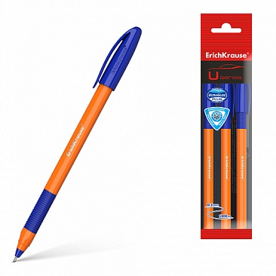 Набор ручек шариковых 3 шт. ErichKrause U-109 Orange Stick&Grip 1.0, Ultra Glide Technology, синий, пакет