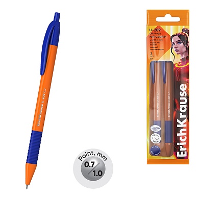 Набор ручек шариковых 3 шт. ErichKrause U-209 Matic&Grip Orange 0.7, Ultra Glide Technology, синий, пакет