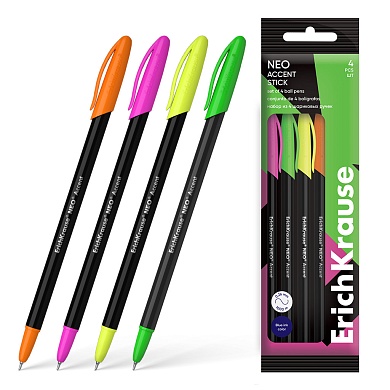 Набор ручек шариковых 4 шт. ErichKrause Neo Stick Accent 0.7, Super Glide Technology, синий, пакет