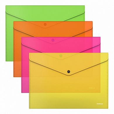 Папка-конверт на кнопке А4 ErichKrause Glossy Neon, полупрозрачная, ассорти