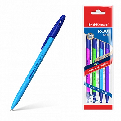 Набор ручек шариковых 4 шт ErichKrause R-301 Neon Stick 0.7, синий, пакет