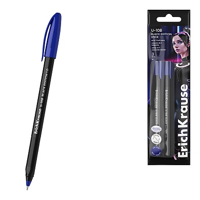 Набор ручек шариковых 3 шт. ErichKrause U-108 Stick Black Edition 1.0, Ultra Glide Technology, синий, пакет