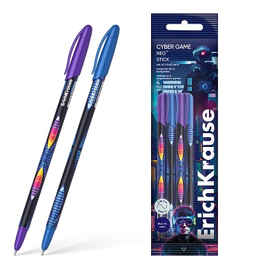 Набор ручек шариковых 4 шт. ErichKrause Neo Stick Cyber Game 0.7, Super Glide Technology, синий, пакет