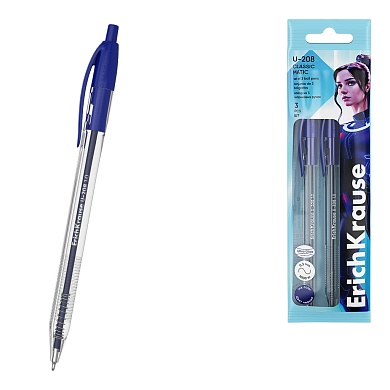 Набор ручек шариковых 3 шт. ErichKrause U-208 Matic Classic 1.0, Ultra Glide Technology, синий, пакет