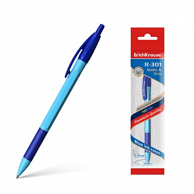 Ручка шариковая автоматич. ErichKrause R-301 Neon Matic&Grip 0.7, синий, пакет